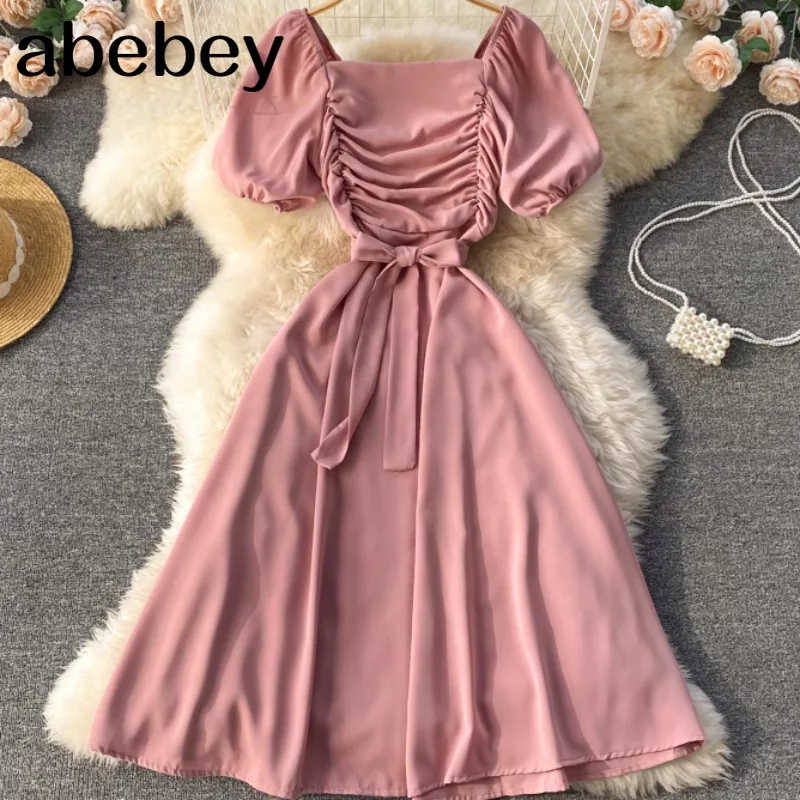 Maxi Dress Wanita Retro Sabrina Off Shoulder Lengan Balon Puff Pendek Kerut dada Tali Pinggang Polos