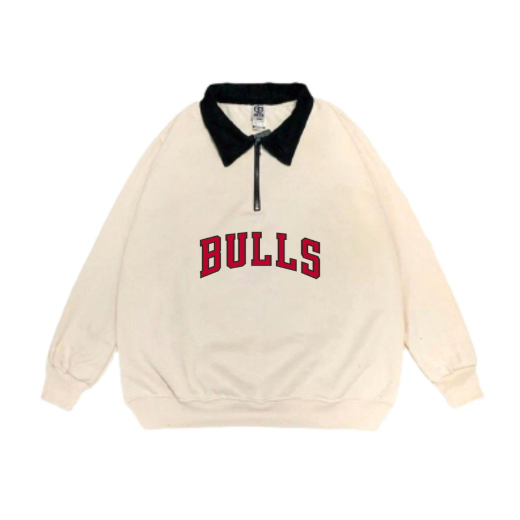 Jaket Distro Sweater Rugby Cream Halfzip Unisex Vintage Original Distro Bulls