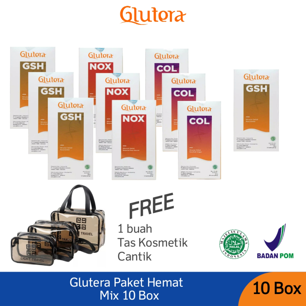 Paket Glutera Glutathione (GSH) + Nitric Oxide (NOX) + Collagen (COL) - Paket 10 Box (50 sachet) - B