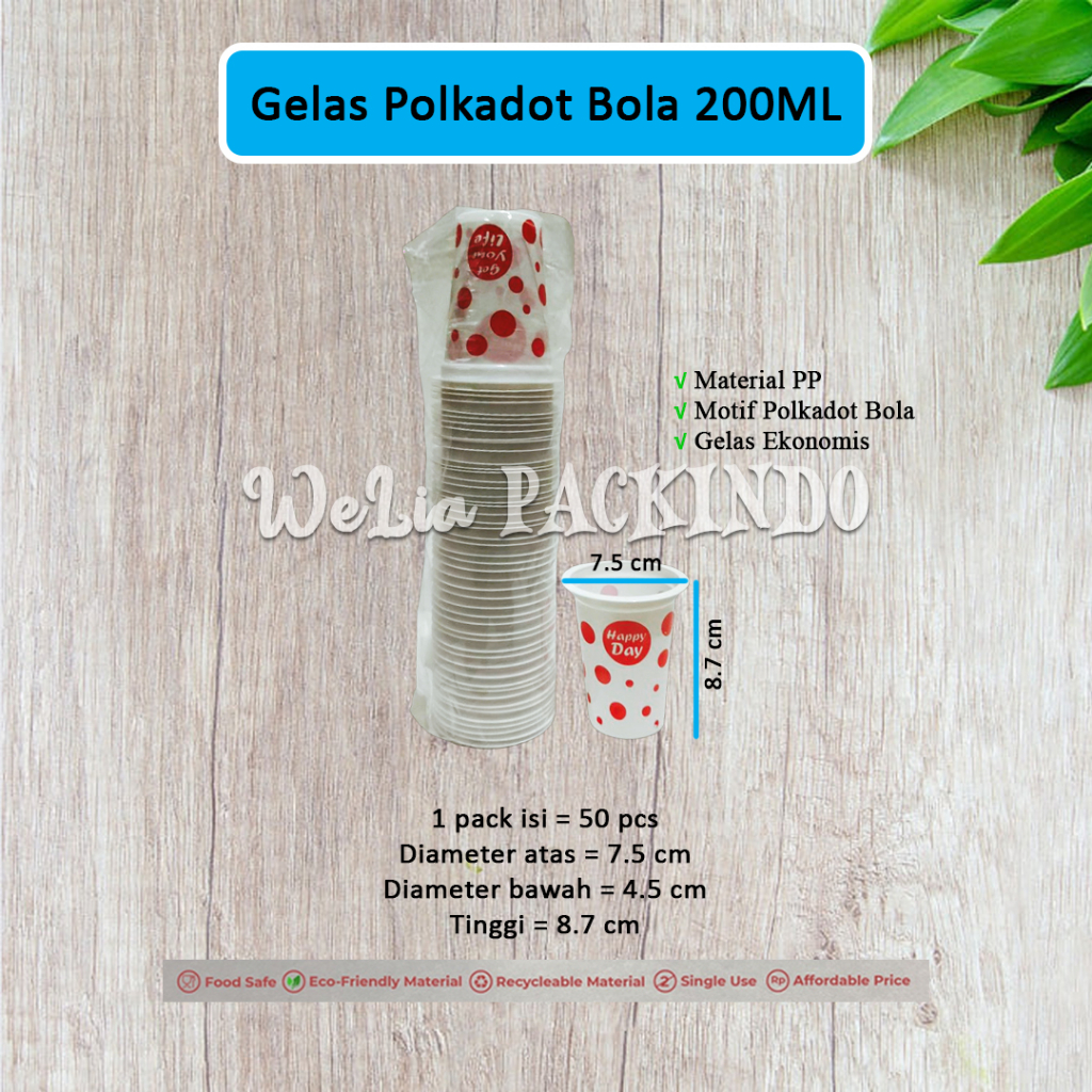 Gelas Plastik Polkadot Bola 200ML isi 50 Pcs / Cup Minuman Warna Merah Motif Bola Bola / Gelas Pesta