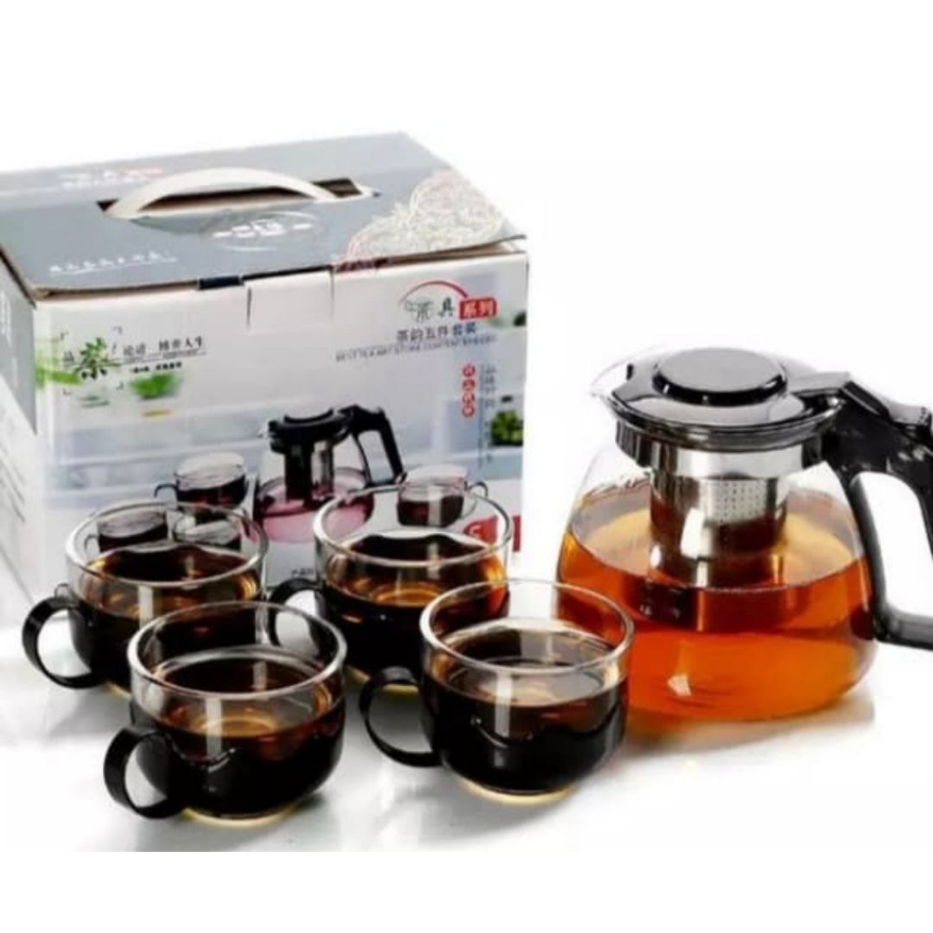 TEAPOT HITAM + SARINGAN / TEA POT HITAM/TEA POT KACA SET 5 IN 1 PREMIUM