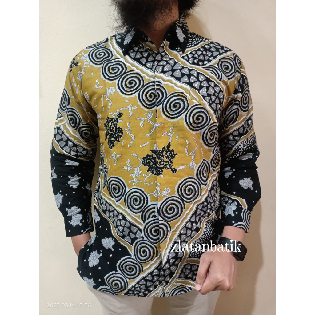 BAJU BATIK KUPING GAJAH KUNING KUNYIT PRIA LENGAN PANJANG KATUN