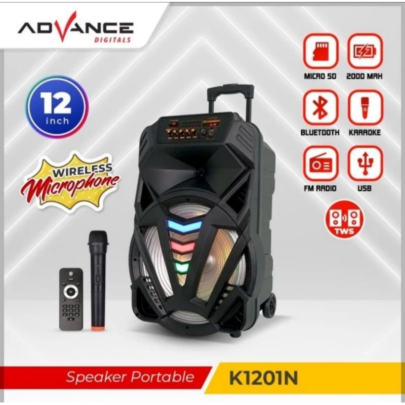 ADVANCE SPEAKER PORTABLE TROLI BLUETOOTH 12 INCH K-1201N