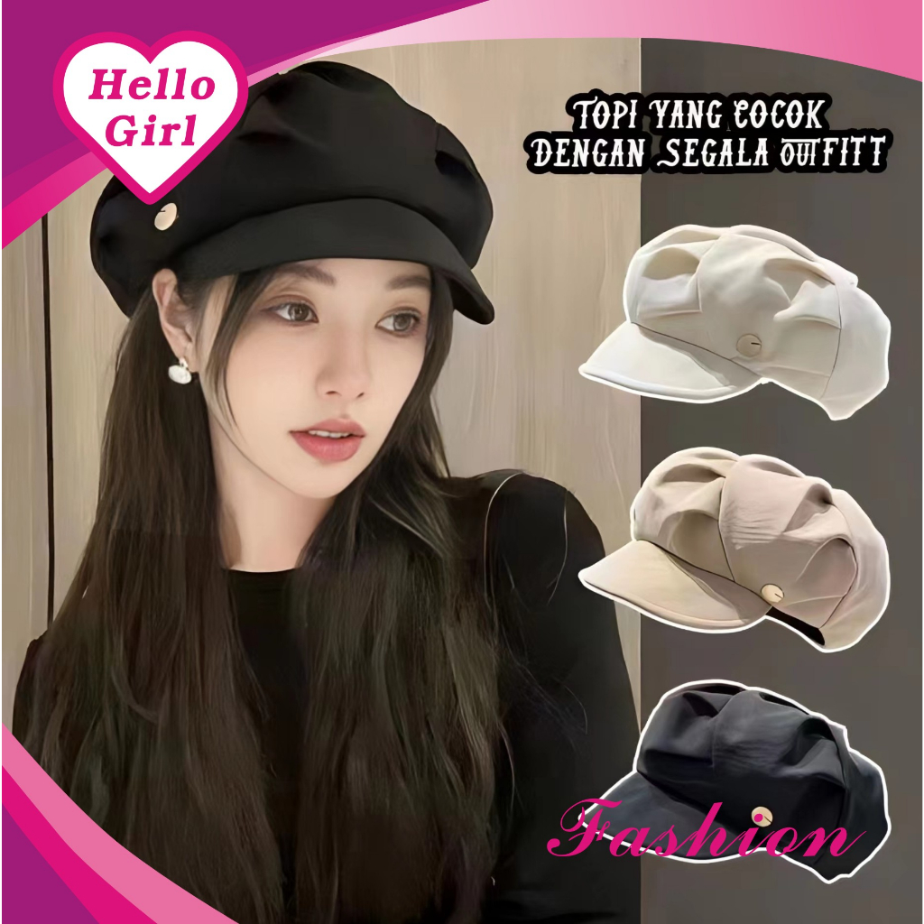 (Hello Girls )MZ50 Topi Baret Oktagonal Gaya Korea untuk Wanita Fashion Topi Baret Oktagonal Topi Wa