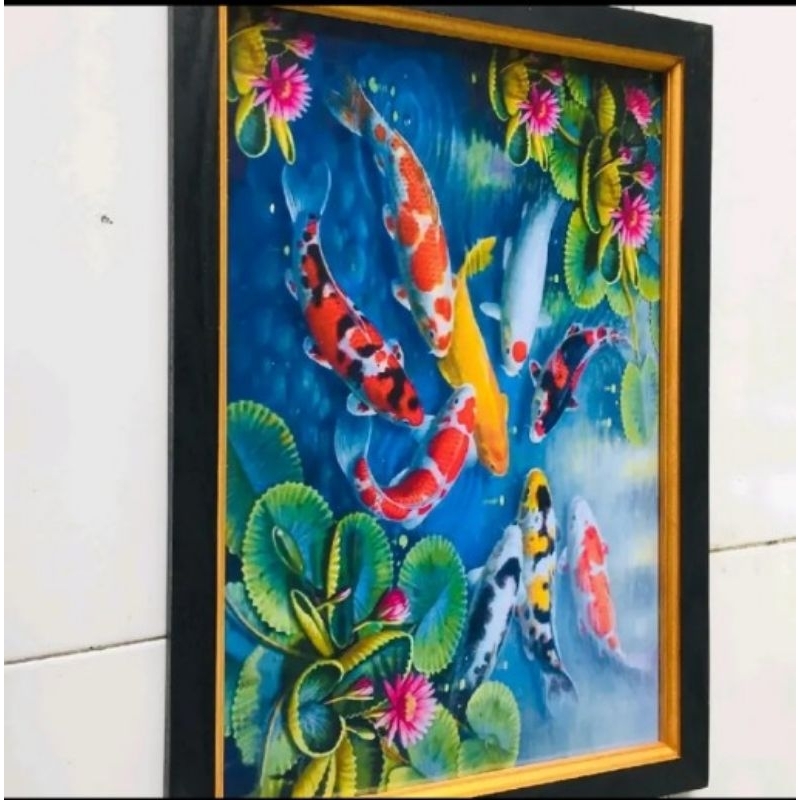 hiasan dinding lukisan cetak ikan koi plus bingkai ukuran 53x35