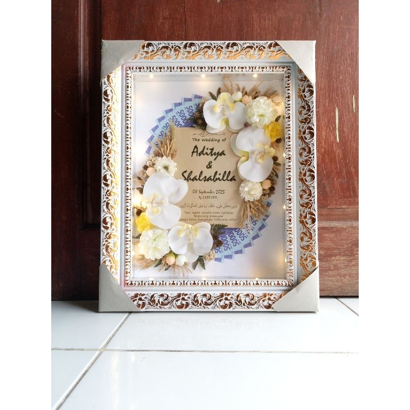 MAHAR PERNIKAHAN SIMPEL uk. luar frame 40x50 cm, MAHAR UANG PECAHAN LINGKARAN