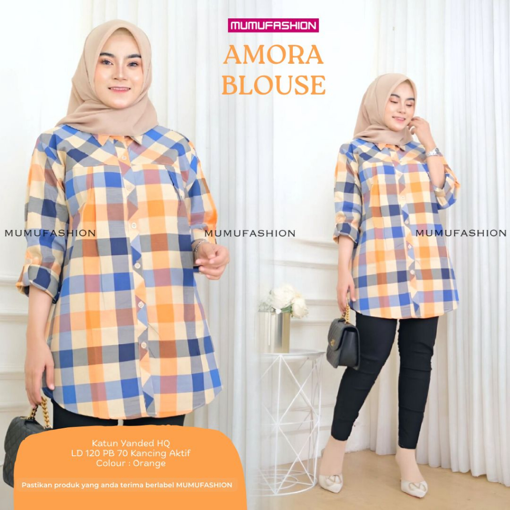 MUFASH - AMORA BLOUSE Atasan Kemeja Katun Kotak Kotak Wanita LD 120 by MUMUFASHION