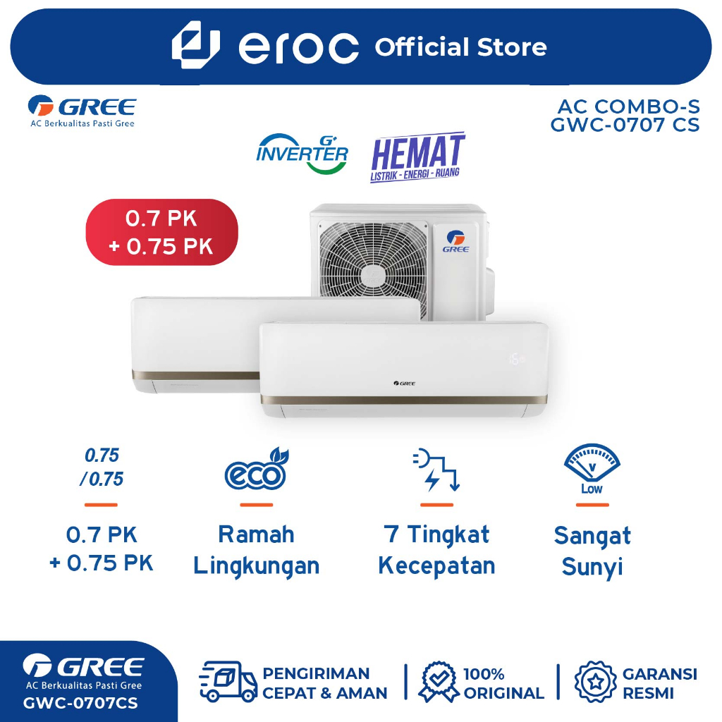 AC GREE Combo Split Inverter 3/4PK + 3/4PK - 2 Indoor 3/4 PK + 3/4 PK & 1 Outdoor - Model GWC-0707CS