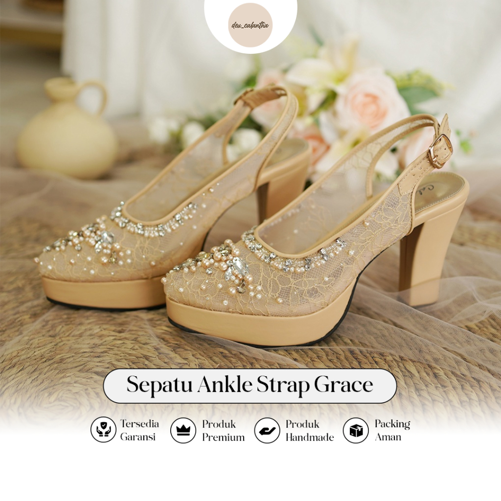Deu_Calantha Sepatu Pesta Wanita Wedding Shoes Berpayet Ankle Strap Grace Nude Heels 10 Cm Berbahan 