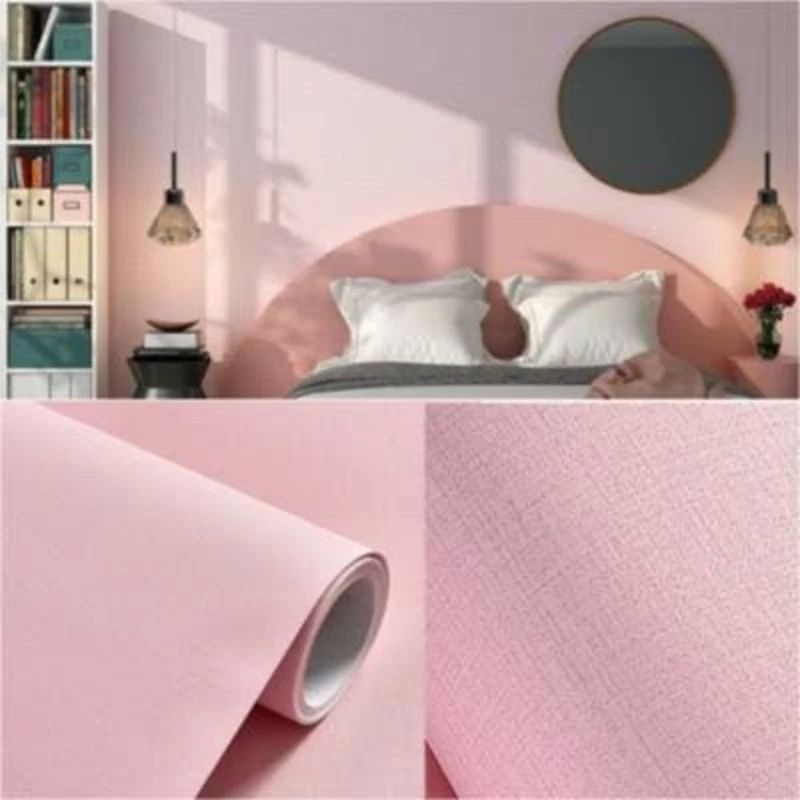 Wallpaper Dinding Sticker Dinding Polos Pink Bertekstur Serat Kain Dekorasi Dinding Ruang Tamu Kamar