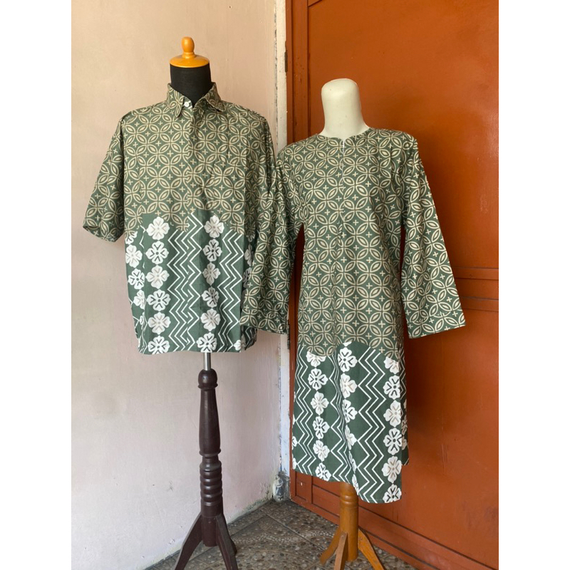 sarimbit batik kawung kombinasi tunik panjang hem pendek warna hijau bisa seragaman ready up to big 