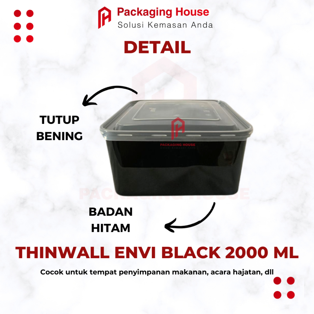 Astrea Fashion [ 25 Pcs ] Thinwall Kotak Makan Square 2000 Ml Hitam Black Envi Thinwall Envi Premium