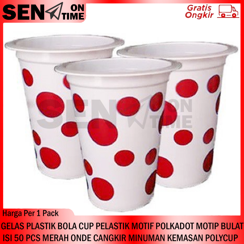 ISI 50 GELAS PLASTIK BOLA CUP PELASTIK POLKADOT MERAH ONDE GLAS KOPI MINUMAN CANGKIR MINUM MUG WADAH