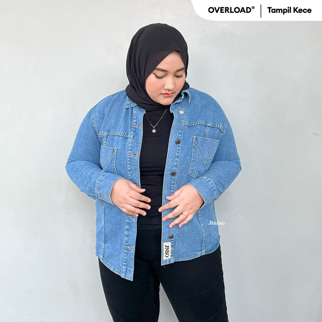JINISO Big Size Jaket Jeans Oversize Safari Baby Blue