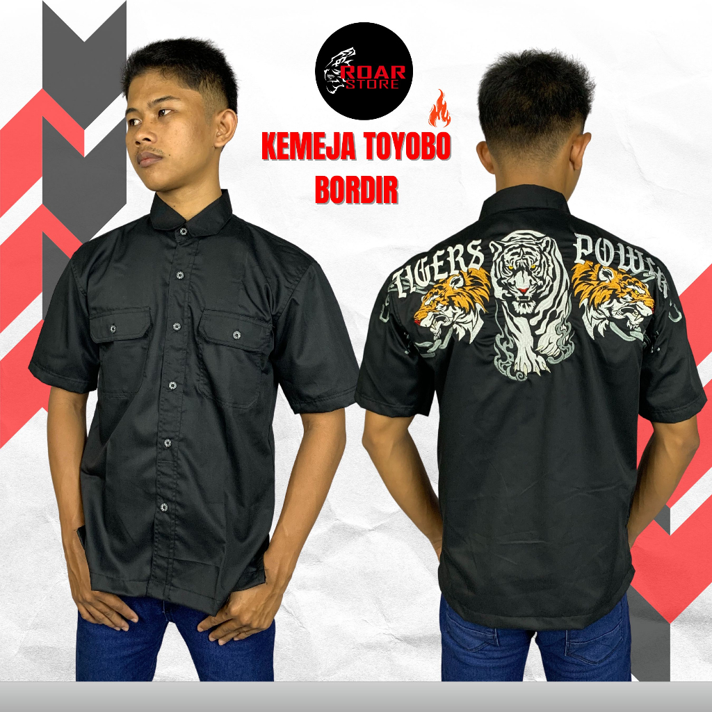 Kemeja Slim Fit Hitam PDL Lengan Pendek Katun Toyobo dengan Bordir harimau - Fashion Pria Terbaru