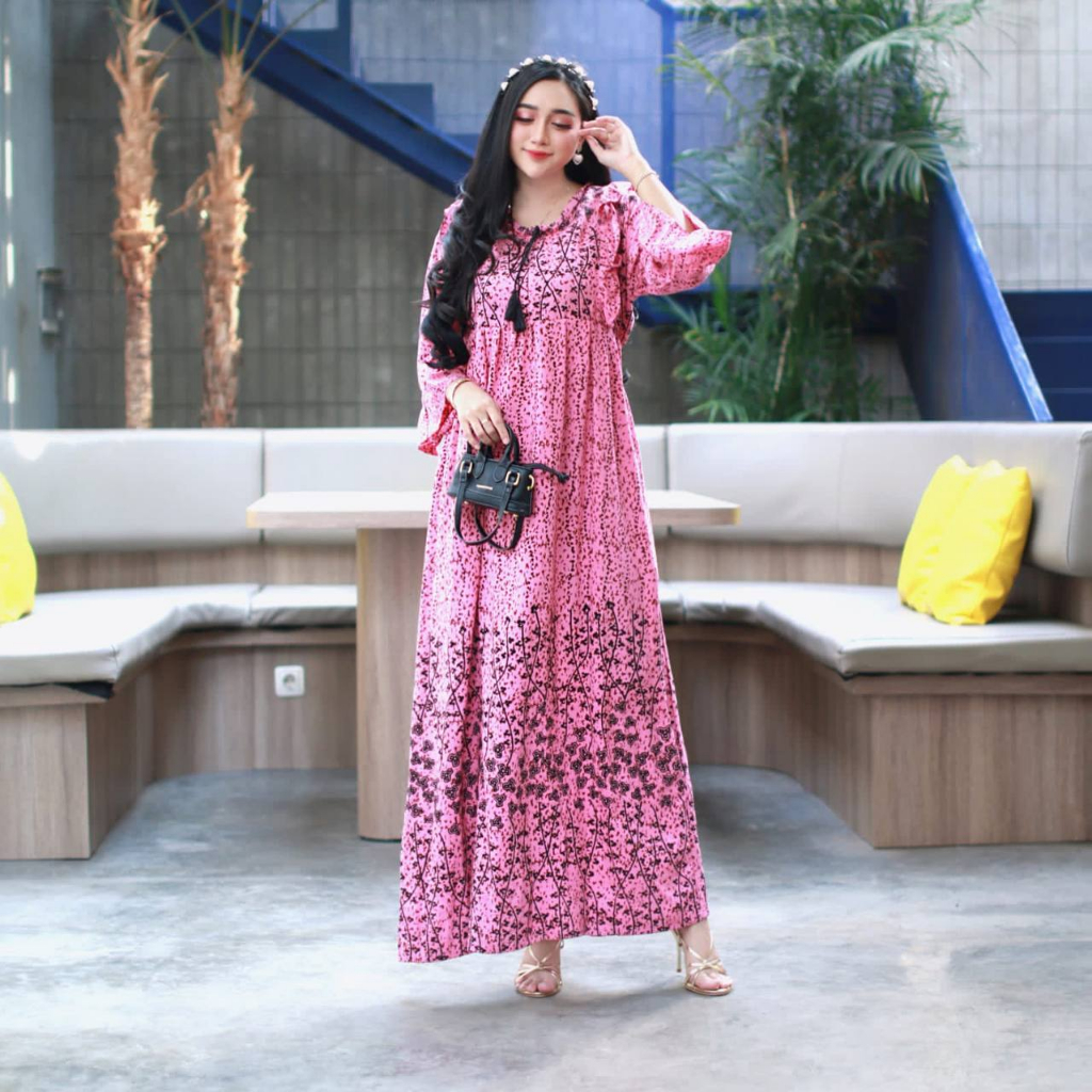 Gamis Rayon Premium Kirania Ori Tebal Motif Bunga All Size Ld 110 Cm