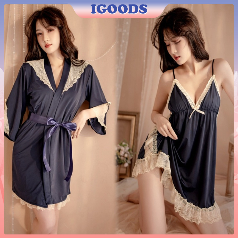 Tanpa Lengan Senior Sexy Lingerie Lace Dress Backless Tali Bahan Satin Baju Tidur Sexy Two-piece