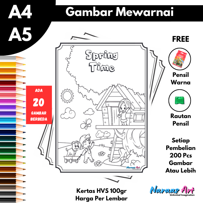 Gambar Mewarnai Seri Pemandangan Musim Semi Untuk Anak TK SD PAUD Kertas HVS 100gr Bukan Buku Mewarn