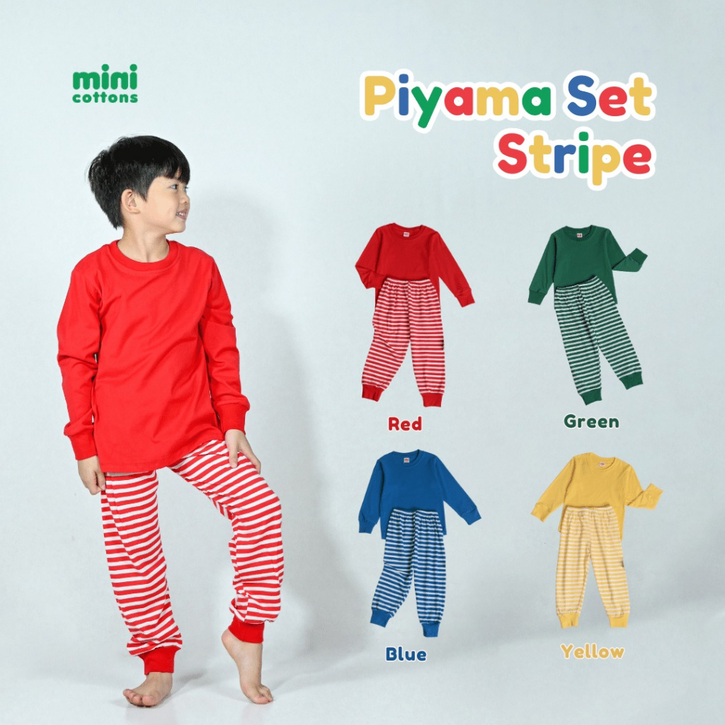 	 MINI COTTONS Unisex Piyama Set Stripe Salur / Setelan Baju Tidur Anak 1-12 Tahun	