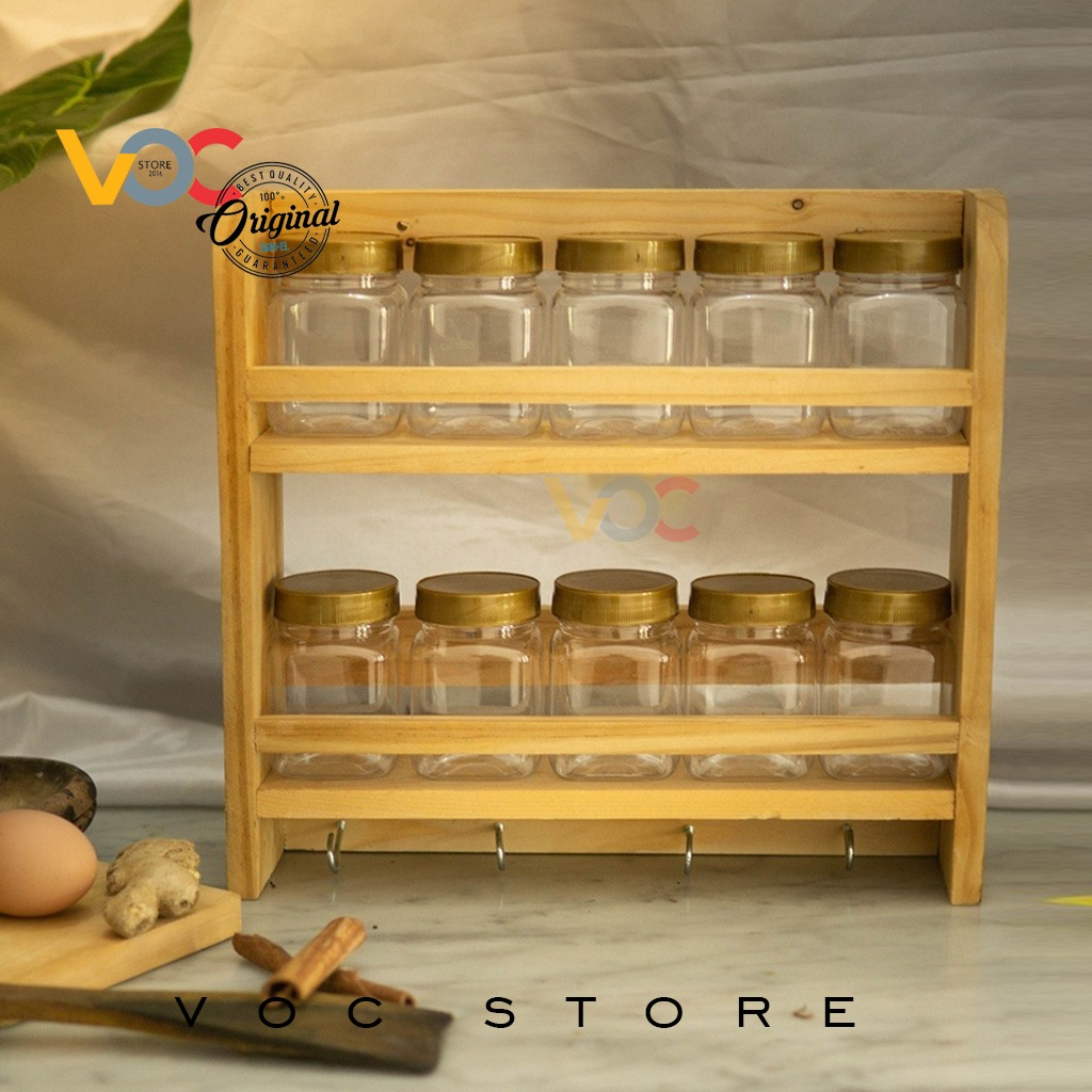 Tempat Bumbu Kayu 2 Tingkat dengan 10 Toples Dapat Sticker Bumbu dan Sendok | RAK KAYU 2 SUSUN / RAK