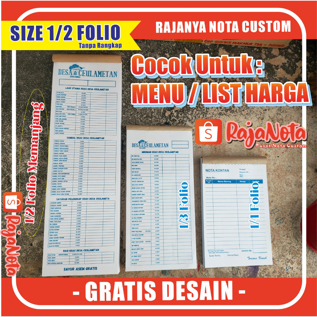 

RAJA NOTA MENU 1/2 Folio Panjang Custom Desain 1 Rangkap list harga
