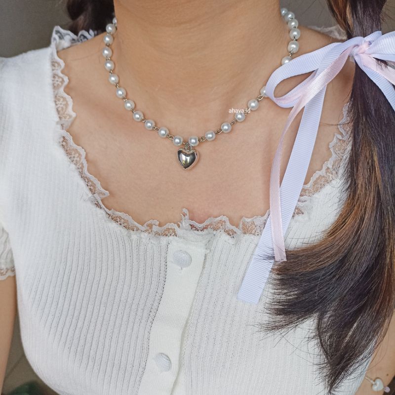 Pearl Love Necklace/Kalung aesthetic/Coquette necklace/Cottagecore necklace