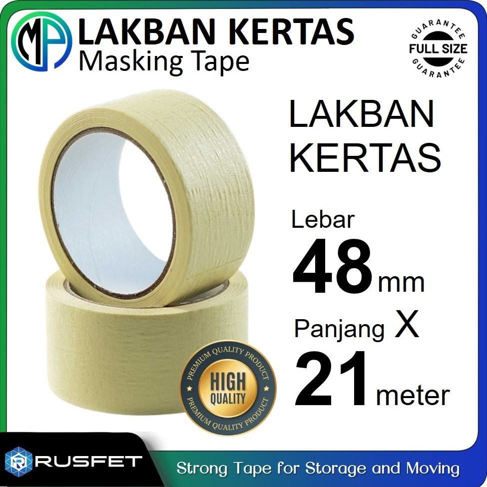 

Lakban /Selotip Kertas 48mm x 21meter (2inch) Masking Tape Isolasi Kertas Merek Rusfet Harga Satuan