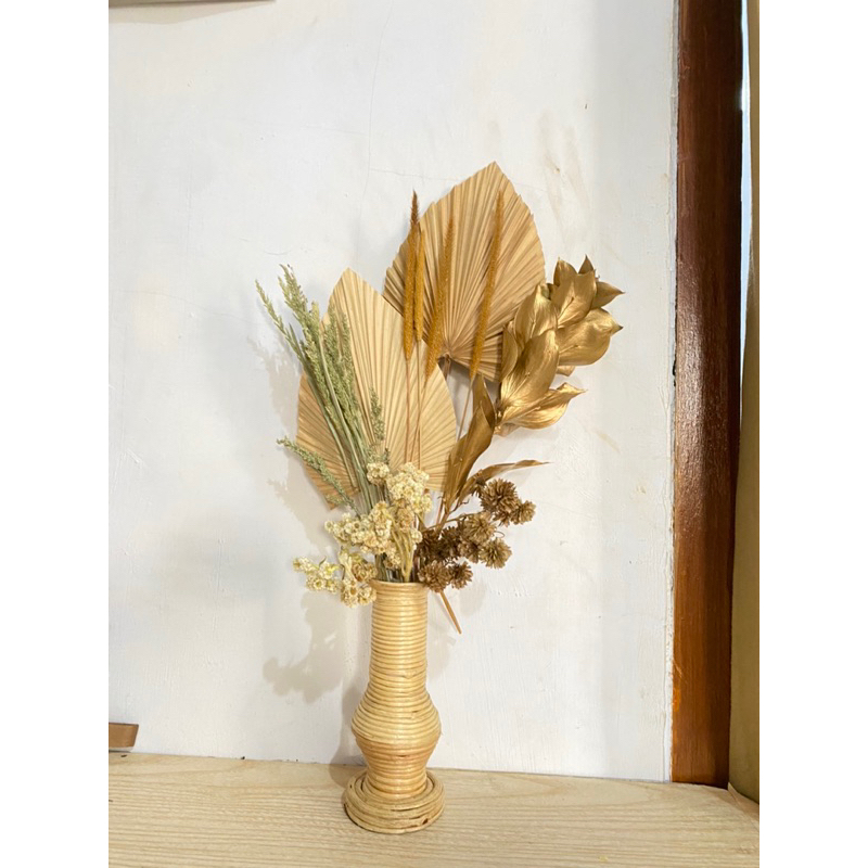 Paket Bunga Kering dan Pot Guci untuk Meja | Daun Palem Kering | Hiasan Rumah Estetik