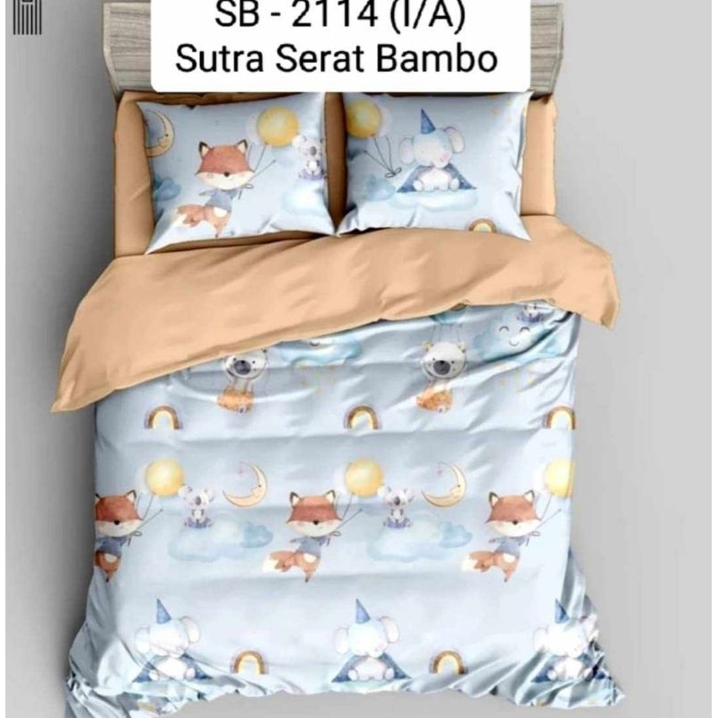 ✔NEW‼ 1SET SPREI & BEDCOVER SULTAN SUTRA SERAT BAMBU MOTIF BUNGA HIJAU & CARTOON