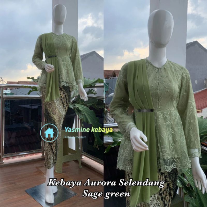 Setelan Blouse Aurora Selendang Modern Sage Green / Kebaya Warna Sage
