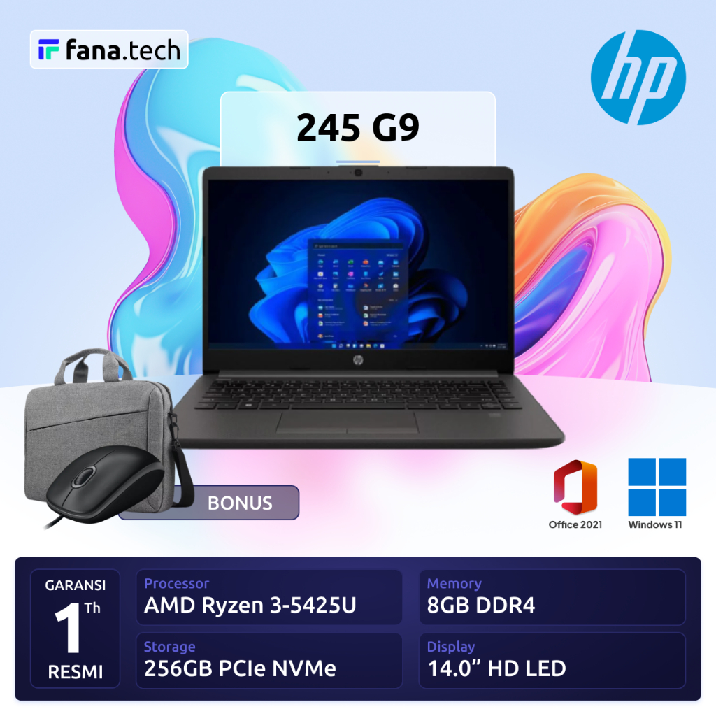 Laptop HP 245 G9 AMD Ryzen 3 5425U RAM 8GB SSD 256GB 14 inch Windows 11 + Office Garansi Resmi