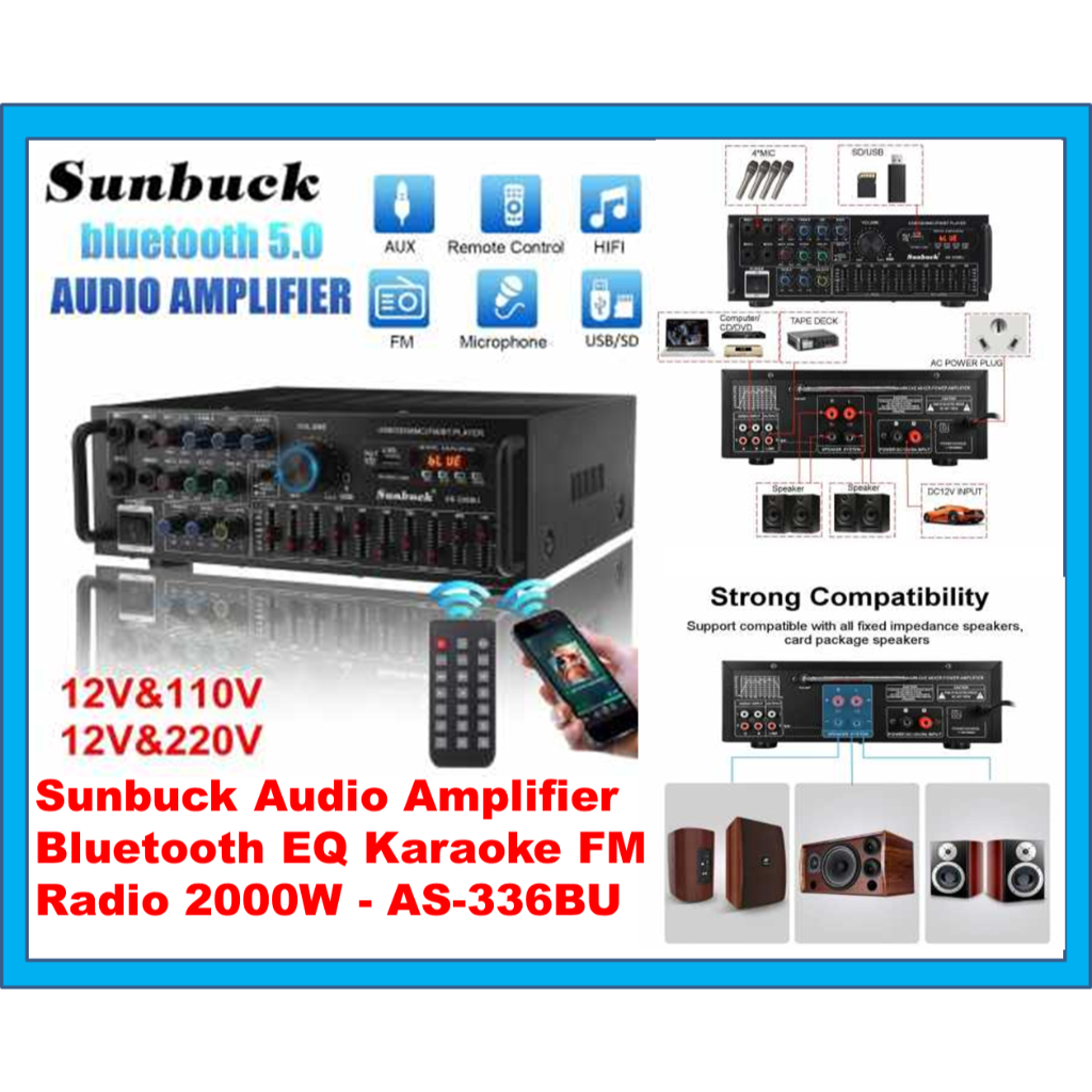 Amplifier Audio Sistem Bluetooth USB Radio TF DIY Subwoofer 12inch,14inch,15inch,18inch Karaoke Power Stereo Bass Audio Karaoke FM Sunbuck 2000W - AS-336BU