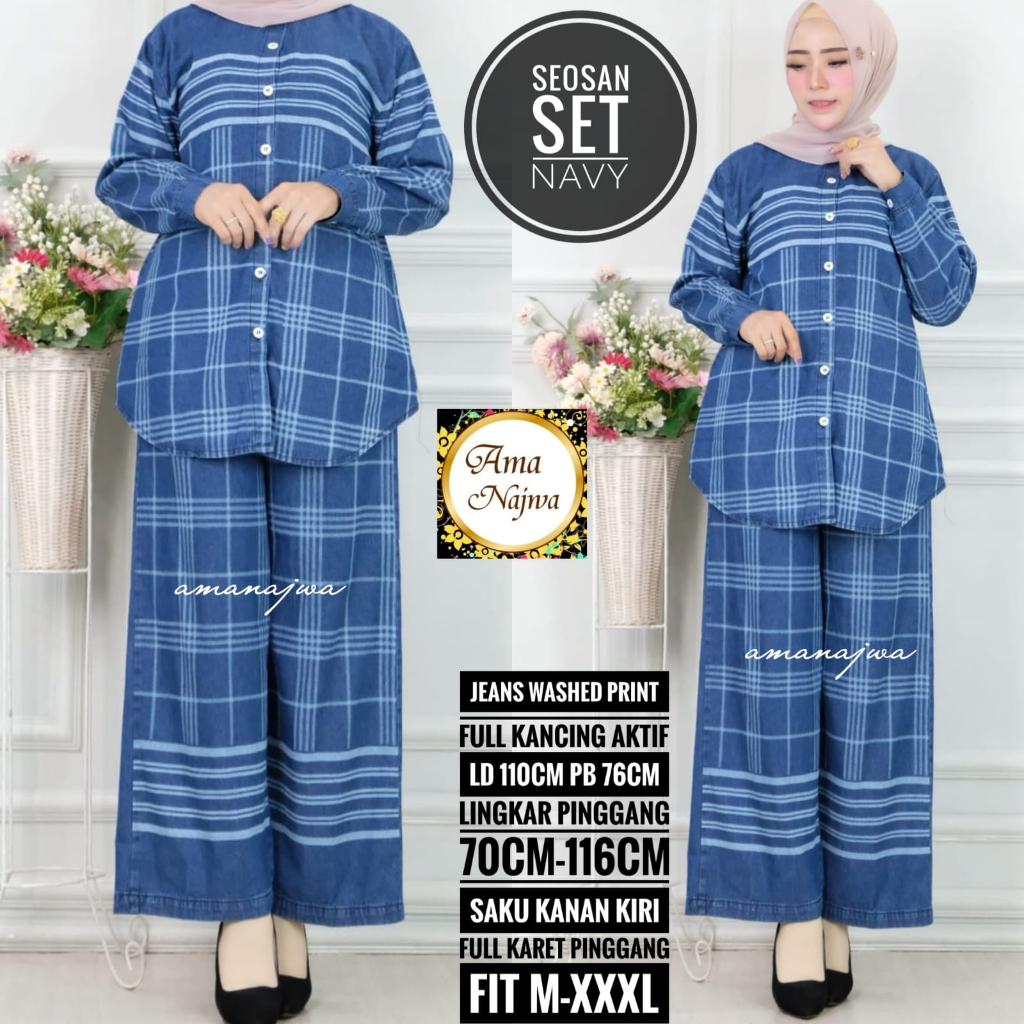 seosan-blue setelan jeans wash jumbo ld 110 oneset stelan set setcel baju pakaian atasan blouse blus