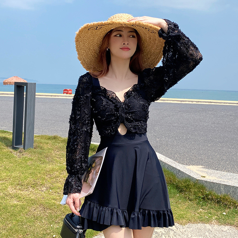 Baju Renang Wanita Jumbo Big Size One Piece Swimsuit Lengan Panjang Hitam Polos Renda Plain Black La