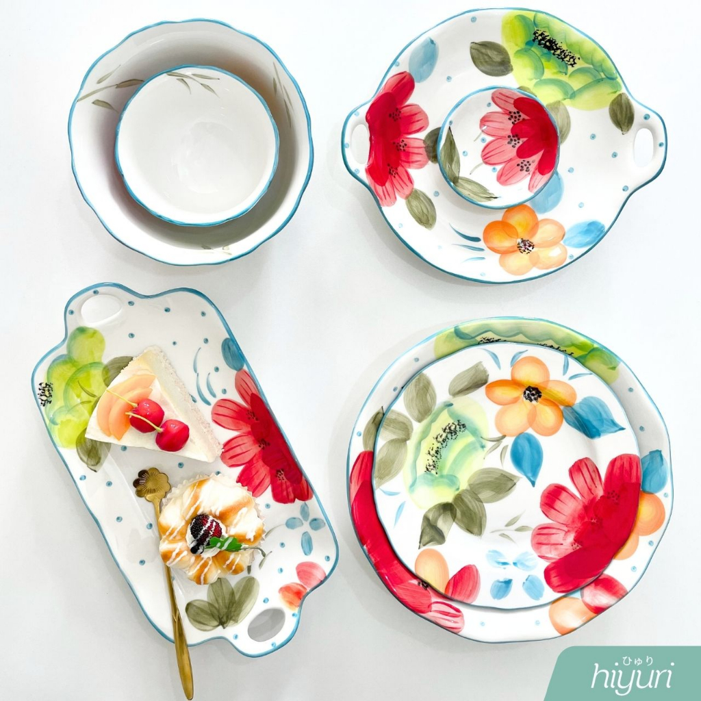 HIYURI Piring makan keramik Floral Serving/piring makan keramik/ piring makan dinner/piring makan se