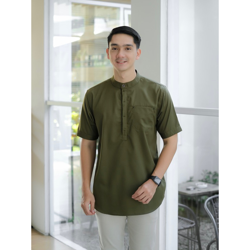 Kemeja koko muslim pria dewasa lengan pendek premium MARASE warna army