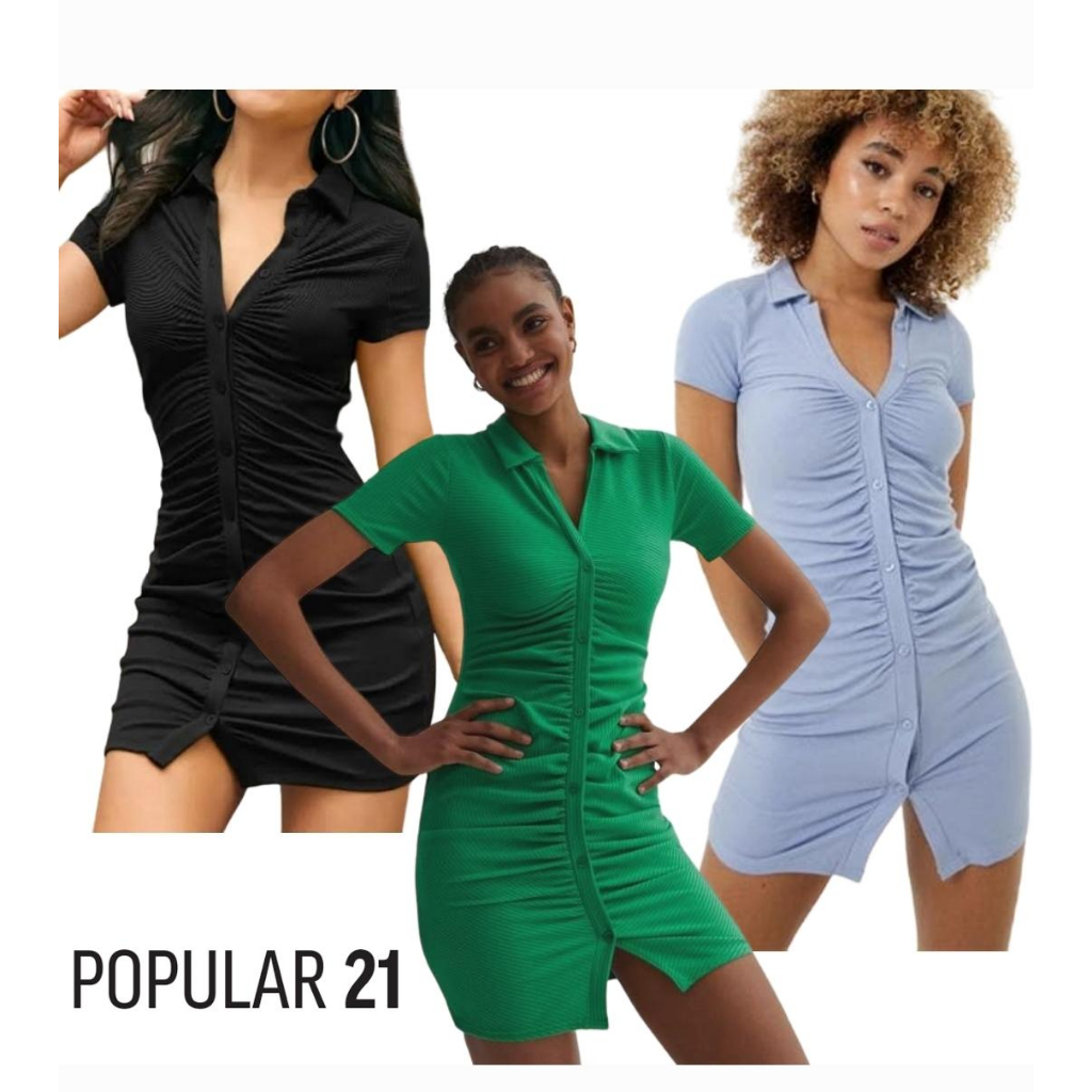 [17397] Popular21 Dress Cruched Dress Kancing Dewasa