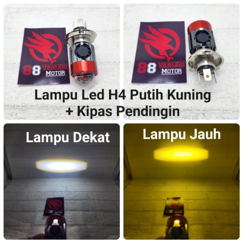 Lampu Led Motor H4 Putih Kuning + Kipas Pendingin - Lampu Motor H4 Vixion Scoopy R15 Byson Pulsar Dl