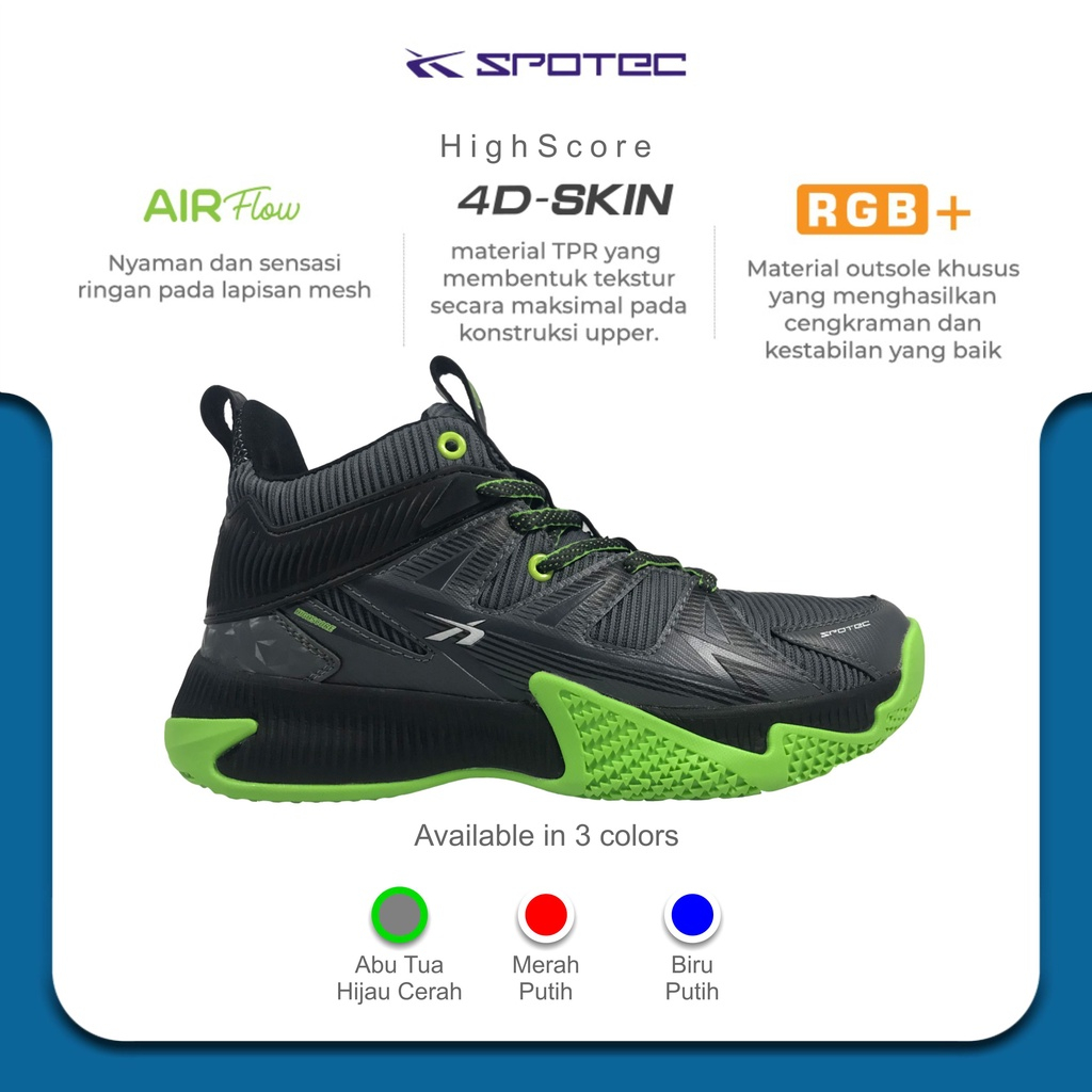 SPOTEC Sepatu BASKETBALL Artikel HIGH SCORE - ABU TUA / HIJAU CERAH | Original Spotec
