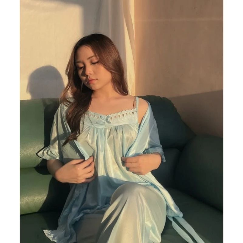 Kimono Tidur Hst Set Celana Panjang (Sky Blue)/Baju Tidur/Pakaian Tidur/Seragam Tidur/Baju Dinas/Baj