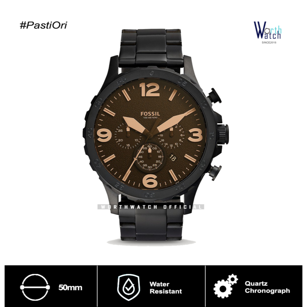 Jam Tangan Pria Besar Nate Chronograph Black Stainless Steel Original BNIB 50mm