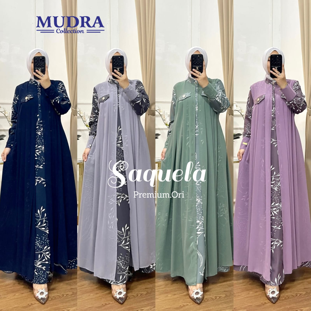 [LD 110] SAQUELA DRESS GAMIS WANITA PESTA BAHAN SHAKILA PRINTING MIX CERUTY BABYDOL ORI BY MUDRA HIJ
