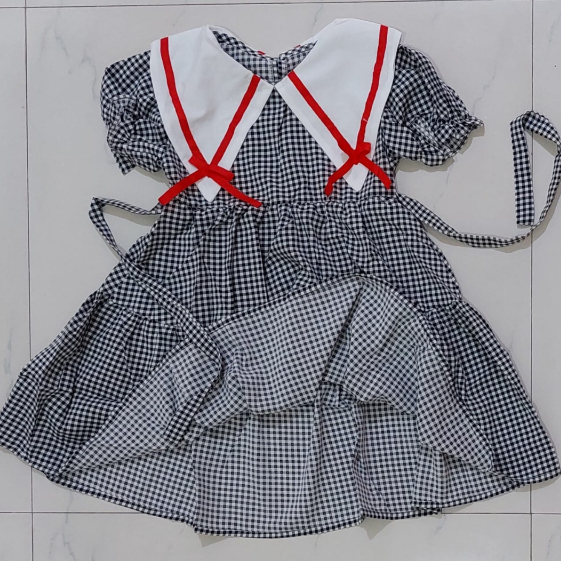 (4-10th) Dress anak import hitam putih kerah besar casual gaun santai teen impor