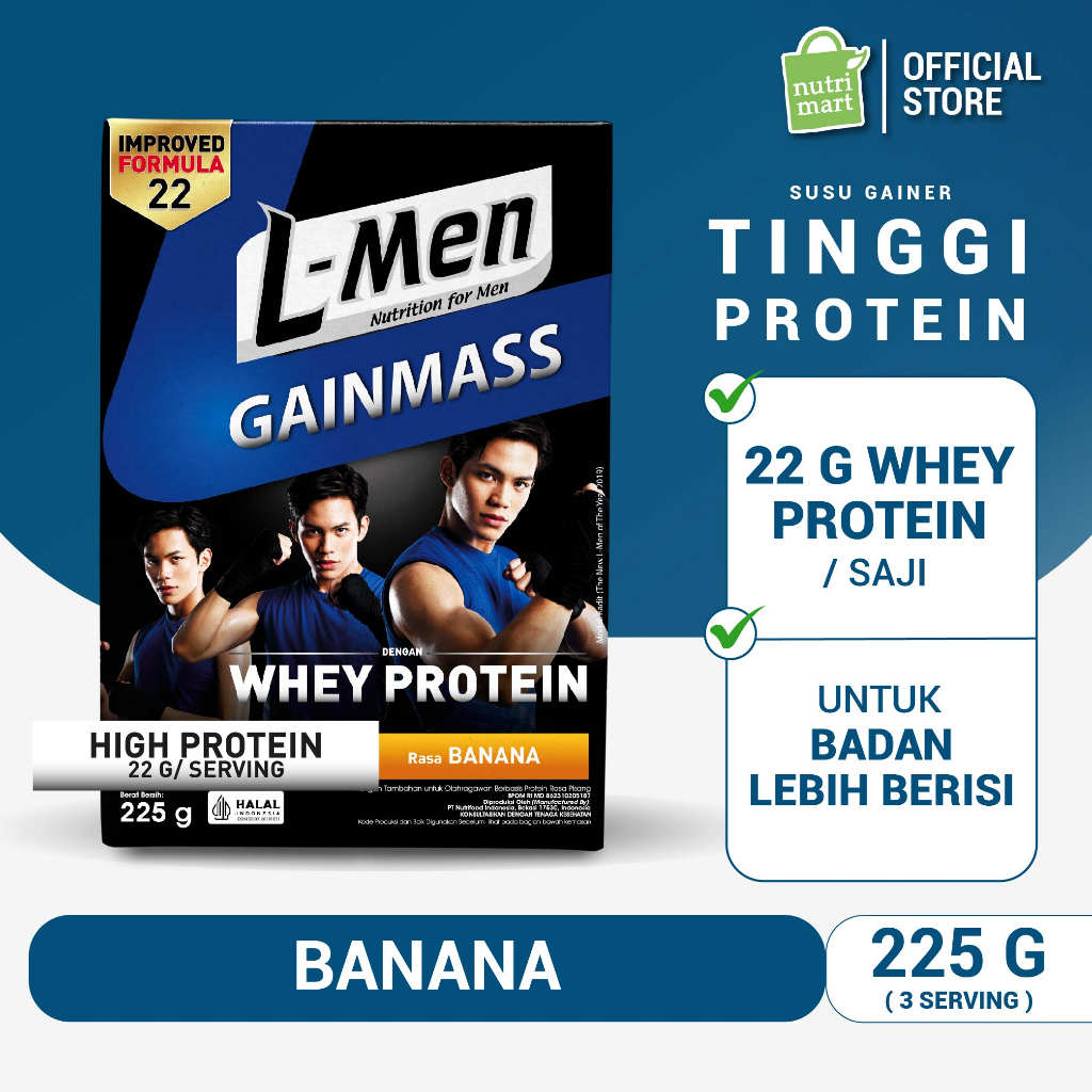L-Men Gain Mass Banana 225 gram - Suplemen Penambah Massa Otot Tinggi Whey Protein