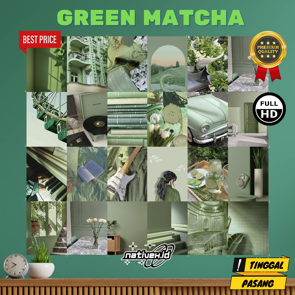 (Isi 24 Pcs) Poster Dinding Aesthetic | Poster Dinding Tema Green Matcha | Poster Dinding Hijau | Po