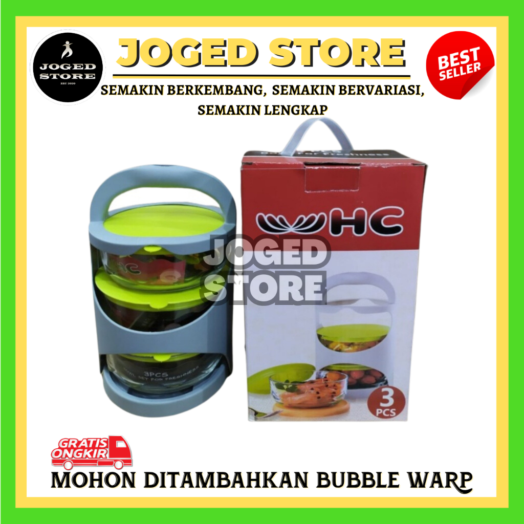 Bowl For Frehness Rantang Kaca 3 Susun HC Bowl | Rantang Kaca | Mangkok Kaca Hc | Tempat Makanan