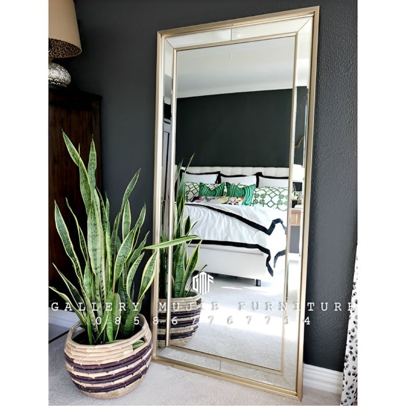 cermin hias bevel standing mirror modern minimalis frame gold
