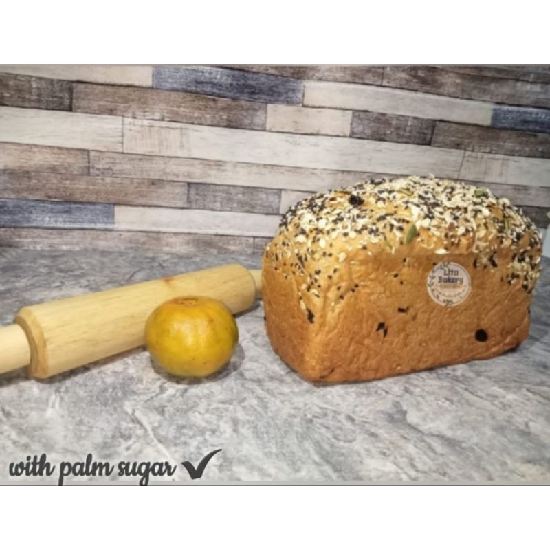 

German Muesli Bread Orange Flavour Lita Bakery | No egg, No butter, No margarine, diary free | Tanpa Pengawet | Roti Gandum Diet Vegan Healthy Low Calories | 100% Halal | Ukuran 20x10x10 cm