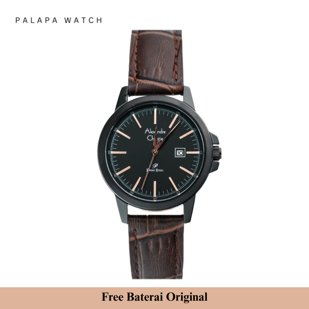 Jam Tangan Pria Alexandre Christie AC 1008 Black Brown Leather Original