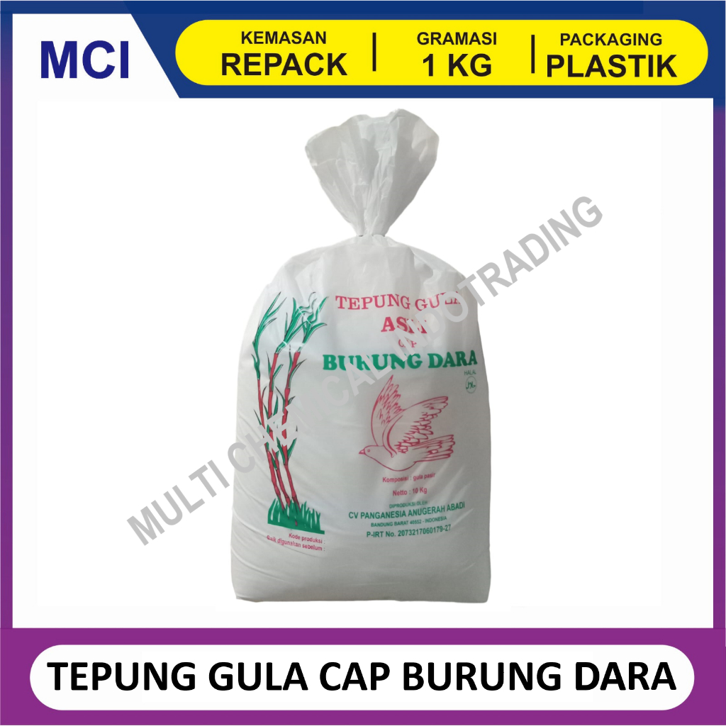 

TEPUNG GULA HALUS ASLI MURNI CAP BURUNG DARA - 1 BAG 10 KG